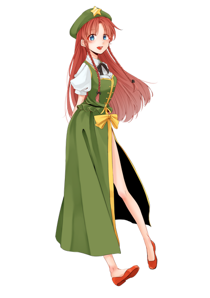 Anime picture 2040x2890 with touhou hong meiling souta (karasu no ouchi) single long hair tall image looking at viewer highres open mouth blue eyes smile standing full body red hair braid (braids) short sleeves puffy sleeves hands behind back side slit transparent background