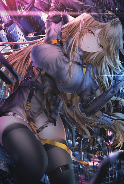 Anime picture 2700x4000 with arknights meteorite (arknights) junpaku karen single long hair tall image looking at viewer blush fringe highres breasts blonde hair hair between eyes large breasts signed yellow eyes lying parted lips horn (horns) from above