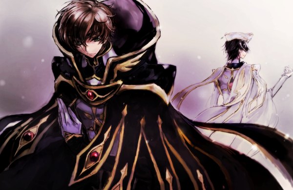 Anime picture 1236x802 with code geass sunrise (studio) lelouch lamperouge kururugi suzaku c (rahit) short hair black hair smile brown hair green eyes profile from behind multiple boys boy gloves headdress cape 2 boys cloak suit