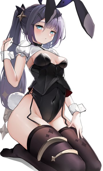 Anime picture 3000x5000 with genshin impact mona megistus berserker r single long hair tall image looking at viewer blush fringe highres breasts light erotic simple background white background sitting holding animal ears payot purple hair bent knee (knees)