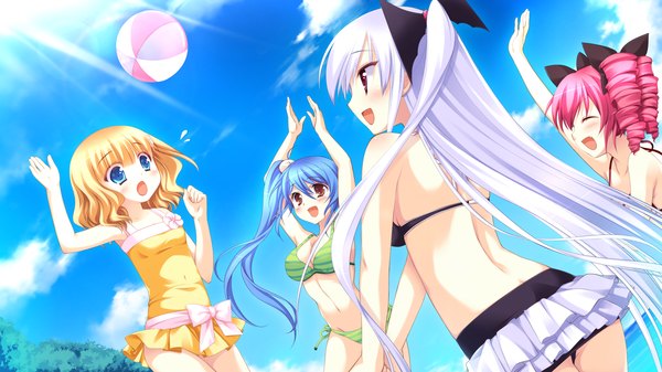 Anime picture 1920x1080 with hyper highspeed genius akechi hikari hazuki suina koumyouji yumeko patricia lancaster long hair highres short hair open mouth blue eyes blonde hair red eyes wide image multiple girls brown eyes blue hair pink hair game cg white hair one side up