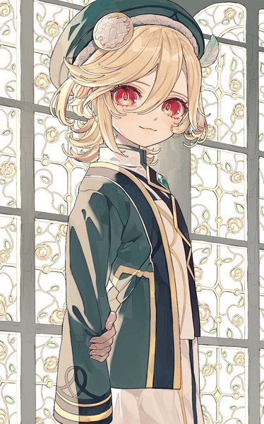 Anime picture 997x1600 with genshin impact kaveh (genshin impact) chiyu (ixix zzz) single tall image looking at viewer fringe short hair blonde hair hair between eyes red eyes standing indoors alternate age holding arm younger boy uniform beret