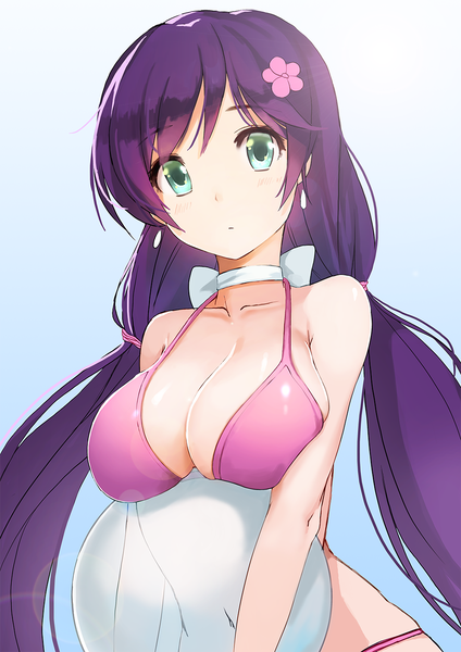 Anime picture 1000x1414 with love live! school idol project sunrise (studio) love live! toujou nozomi nuclear warhead (anti) deneb (noble324) single long hair tall image looking at viewer blush breasts light erotic simple background large breasts twintails bare shoulders cleavage purple hair hair flower