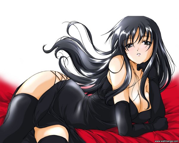 Anime picture 4429x3543 with ayakaze ryuushou single long hair highres light erotic black hair bare shoulders absurdres black eyes girl thighhighs dress gloves black thighhighs elbow gloves
