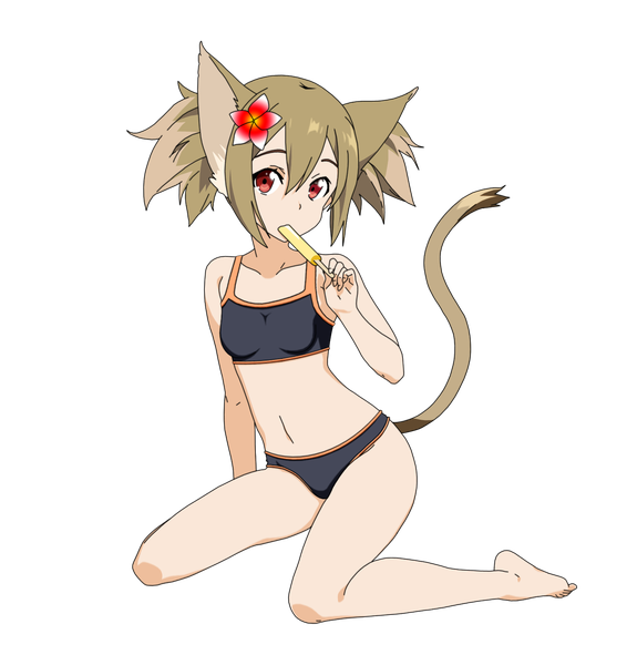 Anime picture 1500x1567 with sword art online a-1 pictures silica shugo19 single tall image looking at viewer fringe short hair light erotic hair between eyes red eyes brown hair animal ears full body hair flower cat ears kneeling transparent background rendered