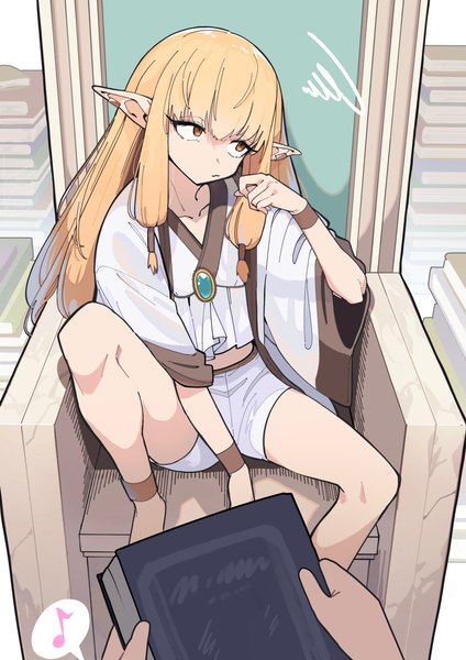 Anime picture 2894x4093 with sousou no frieren serie (sousou no frieren) hanten (hantennano) long hair tall image fringe highres blonde hair hair between eyes red eyes sitting pointy ears solo focus scribble girl shorts book (books) short shorts hair tubes speech bubble