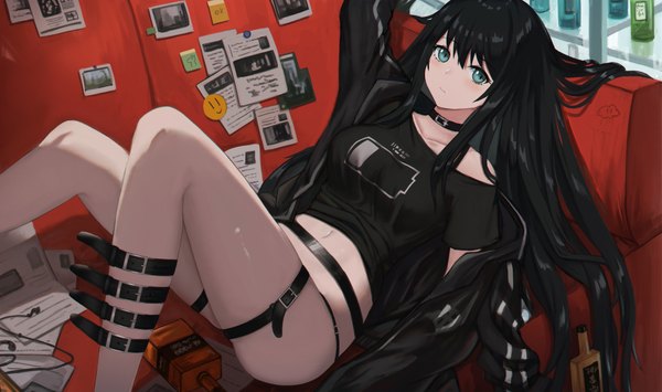 Anime picture 3830x2272 with original aer7o single long hair looking at viewer blush fringe highres breasts light erotic black hair hair between eyes wide image payot absurdres bent knee (knees) arm up aqua eyes from above off shoulder