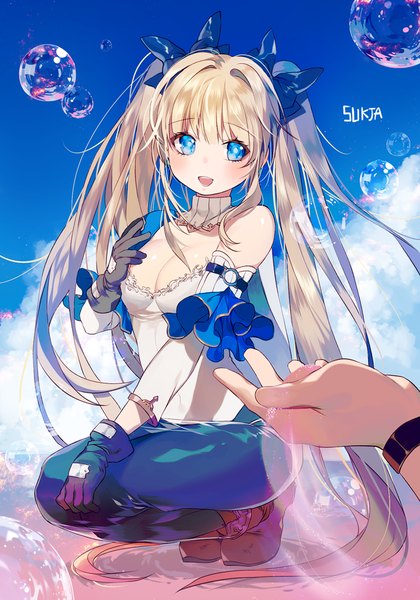 Anime picture 700x1000 with original sorolp tall image blush fringe breasts open mouth blue eyes light erotic blonde hair hair between eyes large breasts sitting twintails bare shoulders signed payot sky cleavage cloud (clouds)