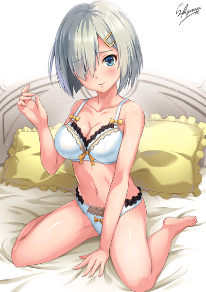 Anime picture 800x1131 with kantai collection hamakaze destroyer sakiyamama single tall image looking at viewer blush fringe short hair breasts blue eyes light erotic large breasts sitting bare shoulders signed cleavage silver hair full body bent knee (knees)