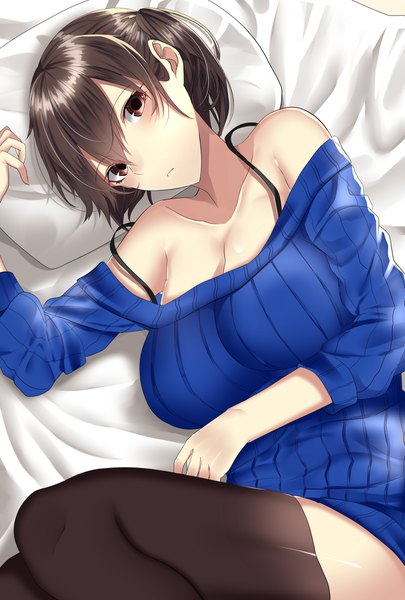 Anime picture 1350x2000 with kantai collection kaga aircraft carrier onineko-chan single tall image looking at viewer blush fringe short hair breasts light erotic hair between eyes red eyes brown hair large breasts bare shoulders cleavage bent knee (knees) lying from above