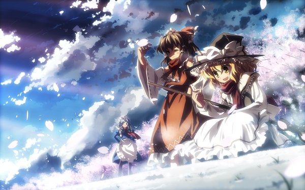 Anime picture 3840x2400 with touhou studio sdt hakurei reimu kirisame marisa izayoi sakuya yuuki tatsuya highres wide image sky girl petals