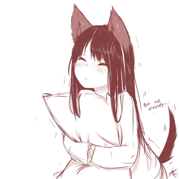 Anime picture 1700x1700 with original teriibol single long hair blush fringe holding signed animal ears tail eyes closed long sleeves animal tail inscription embarrassed text monochrome english wolf ears wolf tail