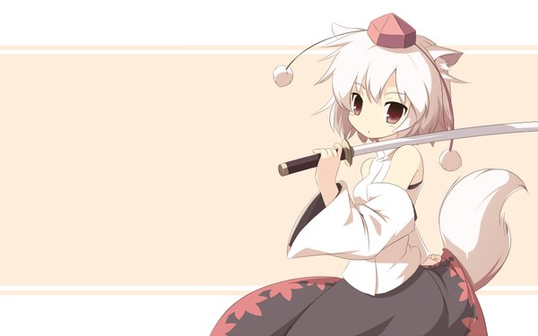 Anime picture 1920x1200 with touhou inubashiri momiji machily single fringe highres short hair hair between eyes wide image animal ears white hair tail animal tail wolf ears wolf tail wolf girl weapon over shoulder girl weapon detached sleeves