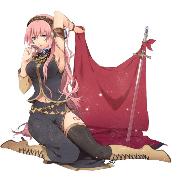 Anime picture 1200x1217 with vocaloid megurine luka murakami yuichi long hair tall image blue eyes simple background white background sitting pink hair full body armpit (armpits) girl thighhighs skirt weapon black thighhighs sword bracelet thigh boots