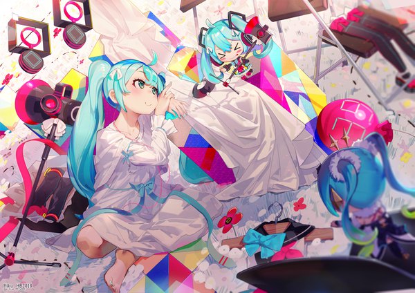 Anime picture 4093x2894 with vocaloid magical mirai (vocaloid) hatsune miku magical mirai miku hachune miku magical mirai miku (2018) el-zheng blush fringe highres open mouth smile sitting twintails multiple girls absurdres ahoge eyes closed very long hair nail polish