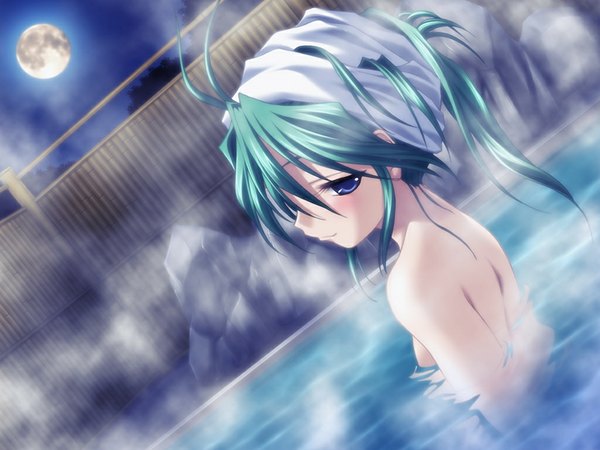 Anime picture 1024x768 with yuuane to issho - mitarashi kousei (game) blue eyes light erotic game cg green hair girl moon onsen