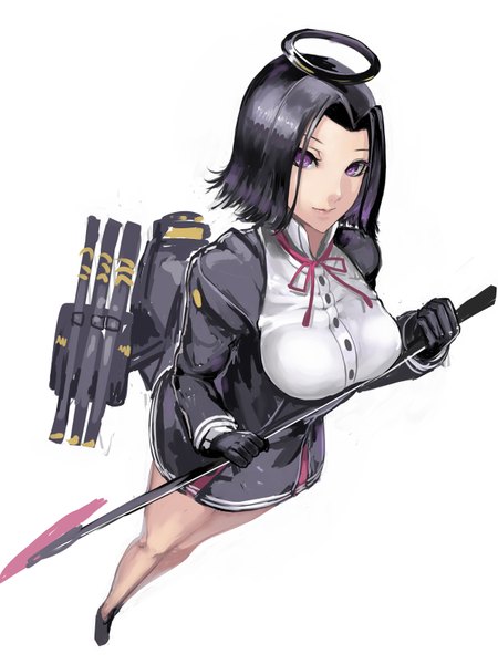 Anime picture 1200x1600 with kantai collection tatsuta light cruiser kumiko shiba single tall image looking at viewer short hair breasts black hair simple background white background purple eyes girl clothes mechanical halo