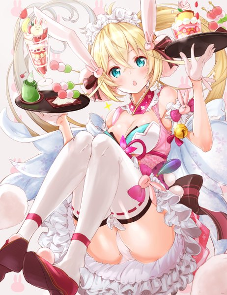 Anime picture 1928x2500 with shironeko project tsukimi (shironeko project) fuku kitsune (fuku fox) single long hair tall image looking at viewer blush fringe highres breasts open mouth light erotic blonde hair hair between eyes twintails holding signed animal ears payot