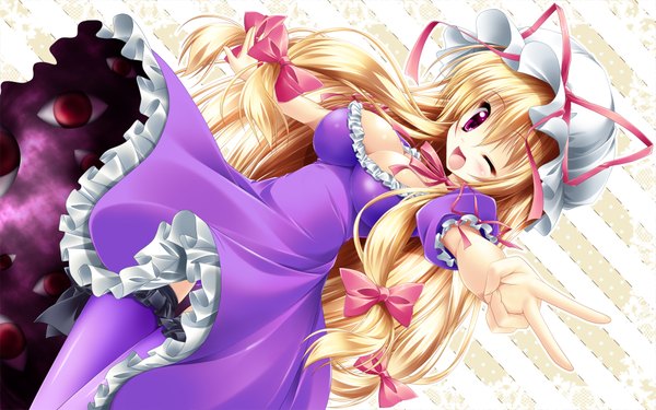 Anime picture 1920x1200 with touhou yakumo yukari kamiya tomoe long hair highres breasts open mouth light erotic blonde hair wide image purple eyes one eye closed wink victory eyes girl thighhighs dress bow hair bow
