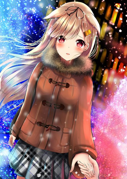 Anime picture 853x1200 with kantai collection yuudachi destroyer amagami (makise tsubaki) single long hair tall image looking at viewer blush blonde hair red eyes fur trim holding hands snowing remodel (kantai collection) girl skirt jacket fur fur collar