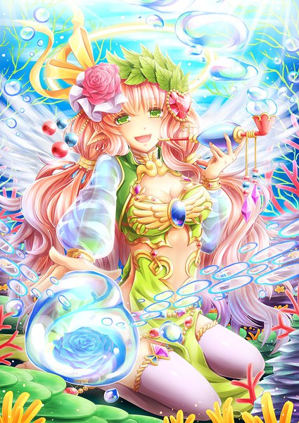 Anime picture 708x1000 with original natsuki yuka single long hair tall image looking at viewer fringe open mouth smile twintails green eyes pink hair cleavage pointy ears sparkle low twintails outstretched arm side slit underwater girl