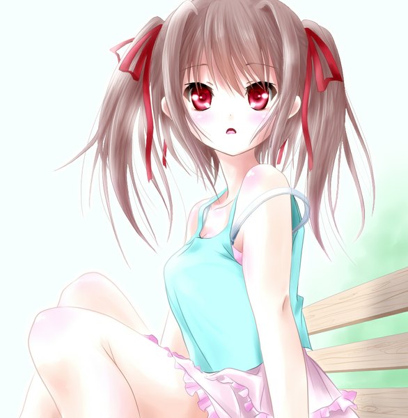 Anime picture 1000x1024 with original hajimetomikan single long hair tall image looking at viewer blush open mouth red eyes brown hair sitting twintails bare shoulders girl skirt ribbon (ribbons) hair ribbon