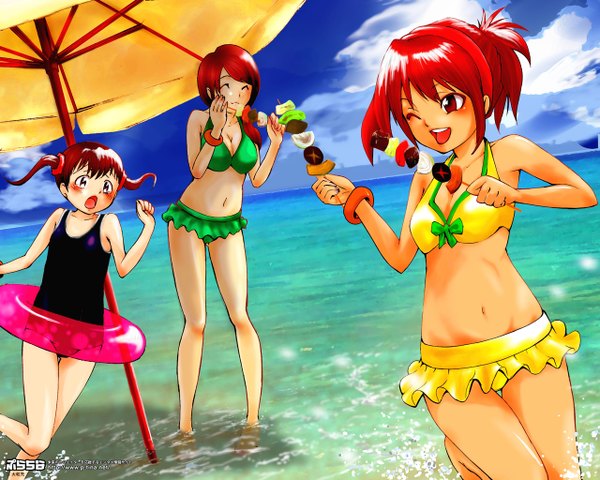 Anime picture 1280x1024 with yamato mitsuru (p-tina) breasts multiple girls signed beach flat chest girl swimsuit bikini 3 girls swim ring