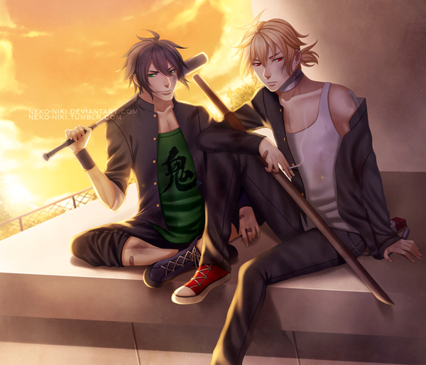 Anime picture 965x828 with owari no seraph wit studio hyakuya yuuichirou hyakuya mikaela neko-niki looking at viewer fringe short hair black hair blonde hair smile hair between eyes red eyes sitting holding green eyes signed looking away sky cloud (clouds)