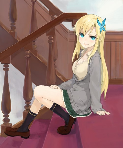 Anime picture 1200x1440 with boku wa tomodachi ga sukunai kashiwazaki sena kuroko (piii) long hair tall image looking at viewer blue eyes blonde hair sitting girl skirt hair ornament miniskirt socks black socks sweater butterfly hair ornament green skirt