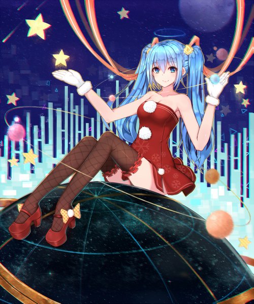 Anime picture 1181x1417 with vocaloid hatsune miku hanami dango (zzldango) single long hair tall image blue eyes smile sitting twintails aqua hair girl thighhighs dress gloves bow ribbon (ribbons) black thighhighs hair ribbon white gloves