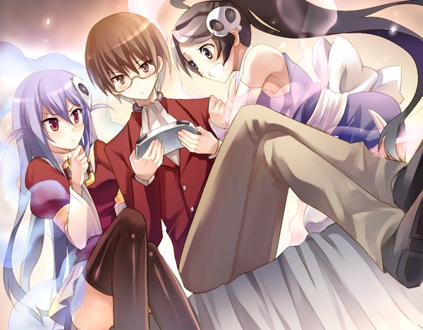 Anime picture 1000x780 with kami nomi zo shiru sekai elsea de lute irma haqua du lot herminium katsuragi keima newpe long hair blush short hair open mouth black hair smile red eyes brown hair sitting bare shoulders multiple girls brown eyes purple hair ponytail traditional clothes