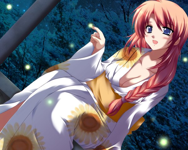 Anime picture 1280x1024 with original ibuki pon long hair blush breasts open mouth blue eyes light erotic sitting cleavage japanese clothes orange hair night girl plant (plants) tree (trees) forest yukata fireflies