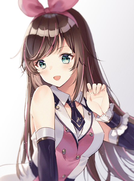 Anime picture 1000x1350 with virtual youtuber a.i. channel kizuna ai itsia single long hair tall image looking at viewer blush fringe breasts open mouth simple background smile brown hair standing white background bare shoulders upper body :d