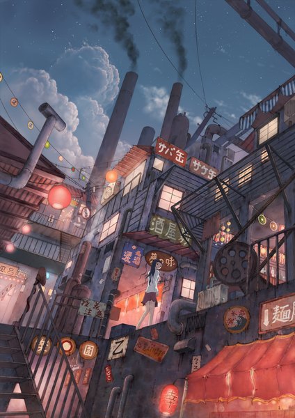 Anime picture 1768x2500 with original cola (pixiv) tall image highres sky cloud (clouds) night city hieroglyph light smoke street girl skirt building (buildings) lantern stairs roof sign smoke stack