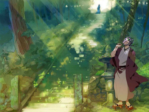 Anime picture 2000x1514 with natsume yuujinchou brains base (studio) youko (natsume) yobiko sukak long hair highres short hair japanese clothes grey hair sunlight silhouette girl boy tree (trees) mask branch forest stairs beard