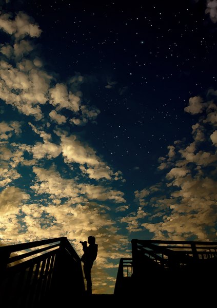 Anime picture 1200x1700 with sarugetty (artist) tall image sky cloud (clouds) night sky scenic boy star (stars) stairs