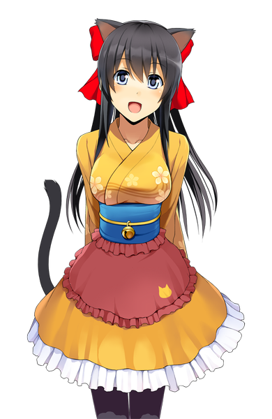 Anime picture 650x1000 with onigiri (mmorpg) kinka (onigiri) single long hair tall image blush open mouth blue eyes black hair animal ears tail animal tail cat ears cat girl cat tail transparent background girl dress frills bell