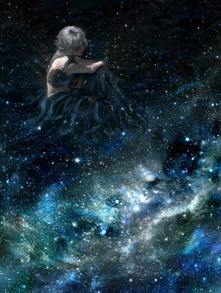 Anime picture 5286x7000 with original nixeu single long hair tall image fringe highres sitting absurdres braid (braids) eyes closed from above grey hair realistic single braid girl skirt black skirt star (stars) crop top