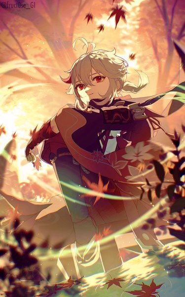Anime picture 2500x4000 with genshin impact kaedehara kazuha fruct0se fa single tall image fringe highres short hair hair between eyes red eyes sitting signed looking away silver hair ahoge outdoors boy plant (plants) tree (trees) leaf (leaves)