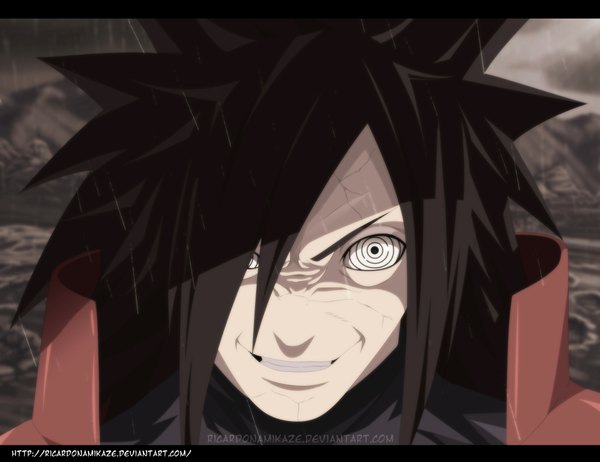 Anime picture 4750x3663 with naruto studio pierrot naruto (series) uchiha madara ricardonamikaze single long hair looking at viewer highres black hair smile looking away absurdres coloring rain white eyes rinnegan boy