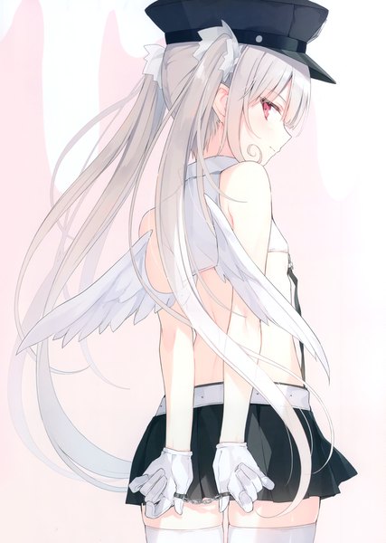 Anime picture 2105x2958 with original elle (rurudo) rurudo single long hair tall image looking at viewer blush fringe highres light erotic simple background smile hair between eyes red eyes standing twintails bare shoulders silver hair profile