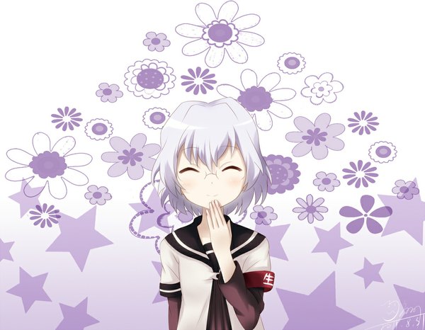 Anime picture 1049x816 with yuru yuri doga kobo ikeda chitose 8820122 short hair white hair eyes closed girl flower (flowers) glasses serafuku star (symbol)