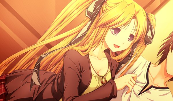 Anime picture 1024x600 with akikaze personal (game) long hair wide image purple eyes game cg orange hair girl ribbon (ribbons) hair ribbon
