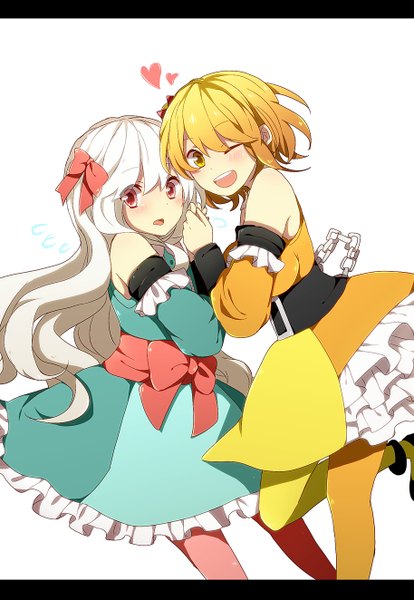 Anime picture 914x1324 with kagerou project shaft (studio) mary (kagerou project) kisaragi momo harusawa long hair tall image looking at viewer blush short hair open mouth simple background blonde hair red eyes white background multiple girls yellow eyes white hair one eye closed wink