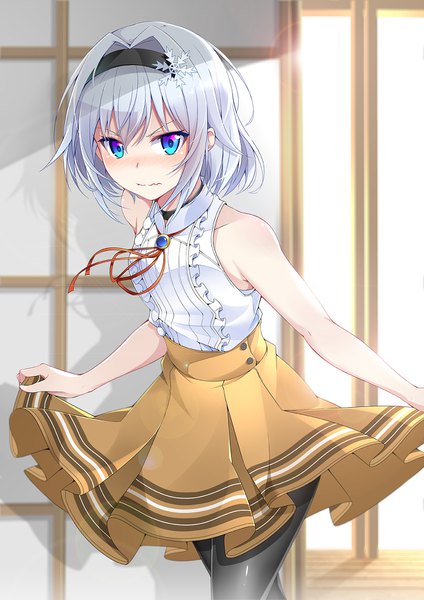 Anime picture 1200x1697 with ryuuou no oshigoto! sora ginko masabodo single tall image looking at viewer blush fringe short hair blue eyes hair between eyes standing bare shoulders silver hair indoors pleated skirt sunlight shadow leaning leaning forward