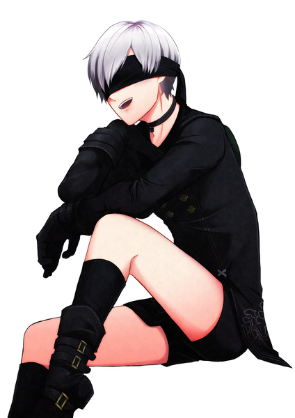 Anime picture 1061x1500 with nier nier:automata yorha no. 9 type s shinonome (pixiv id39210521) single tall image fringe short hair open mouth simple background white background sitting silver hair bent knee (knees) blindfold boy gloves choker black gloves socks