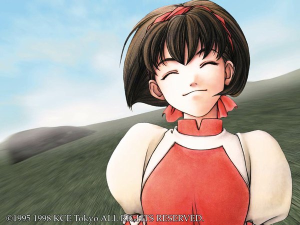 Anime picture 1024x768 with genso suikoden 2 nanami single short hair black hair smile sky eyes closed field girl hairband