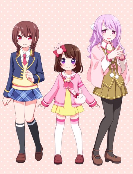 Anime picture 1174x1537 with puri para pretty (series) ringo yuyu long hair tall image looking at viewer blush short hair simple background smile brown hair standing purple eyes multiple girls purple hair pink eyes girl thighhighs pantyhose white thighhighs
