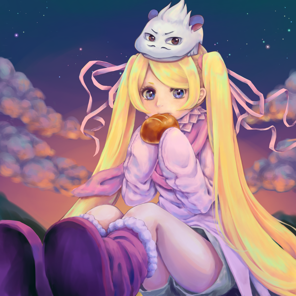 Anime picture 2048x2048 with tegami bachi niche (tegami bachi) steak (tegami bachi) user gnge5524 single highres blue eyes blonde hair sitting twintails looking away sky cloud (clouds) outdoors very long hair eating animal on head girl animal food