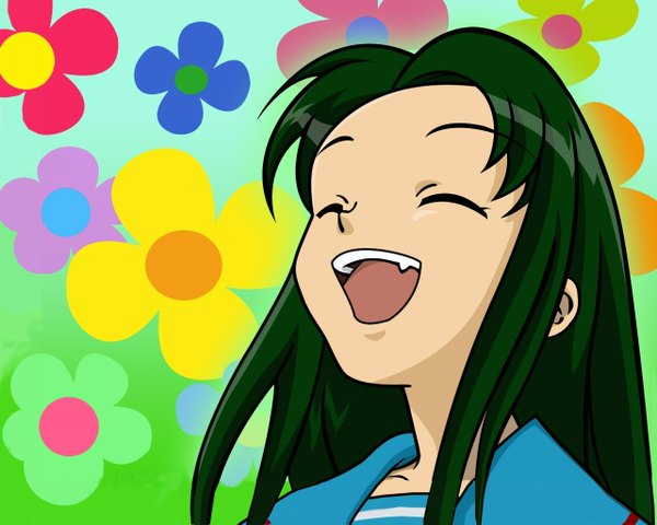 Аниме картинка 1280x1024 с меланхолия харухи судзумии kyoto animation tsuruya зелёные волосы зубы клык (клыки) крупный план векторная графика девушка цветок (цветы)